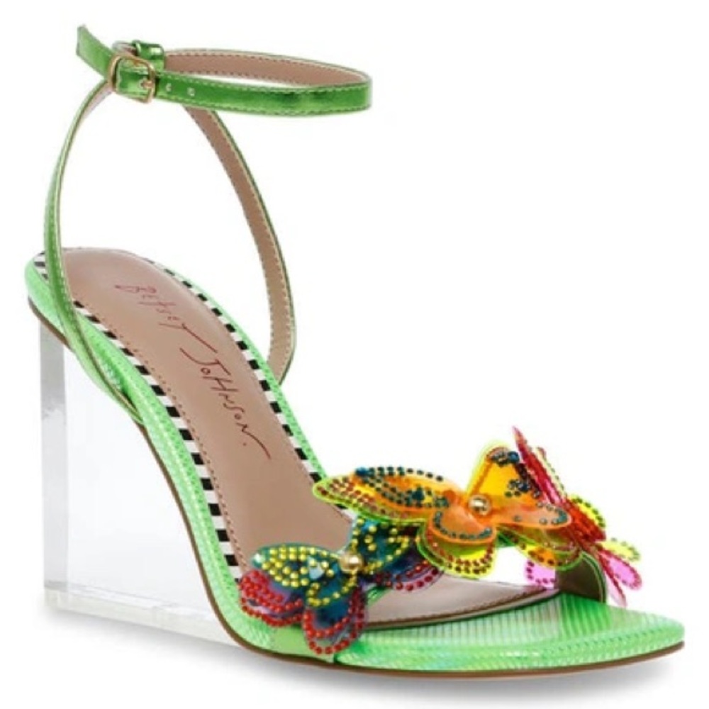 Betsy Johnson - size 6.5 butterfly acrylic heel sandals- metallic green